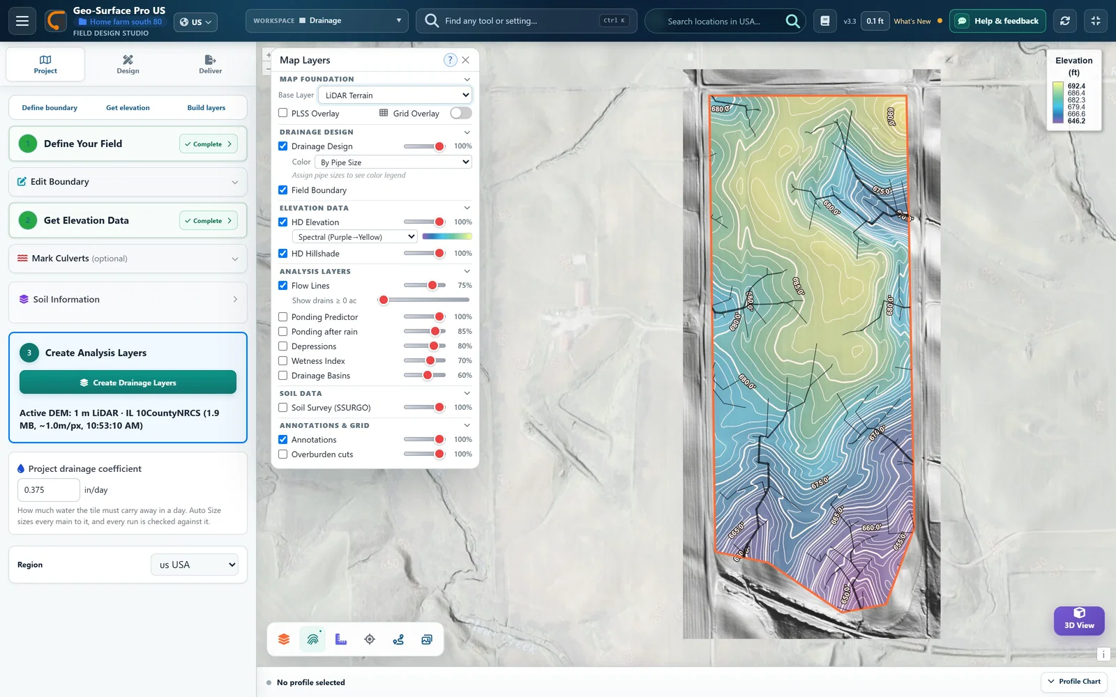 Base Layer set to LiDAR Terrain: shaded relief around the field, with the Map Layers panel open
