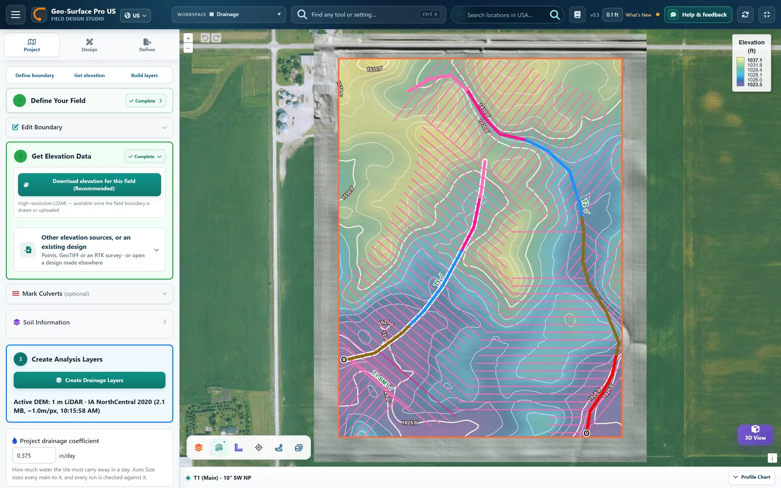 The Get Elevation Data card with Download elevation for this field, and the Active DEM line reading 1 m LiDAR